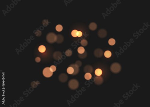Glowing gold bokeh background. Christmas confetti yellow light and glitter texture on black backdrop. Festive sparkle. Holiday decoration for new year cards, invitations, luxury banners, advertising