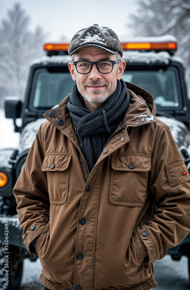 Naklejka premium A rugged man in winter jacket and hat stands before a snow-covered vehicle in wintry terrain. Ideal for outdoor adventure and cold weather gear content