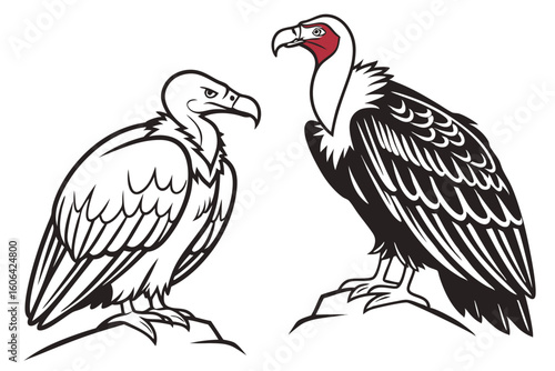 Two Vultures Perched on Rocks with One Having Red Neck and Eye Region