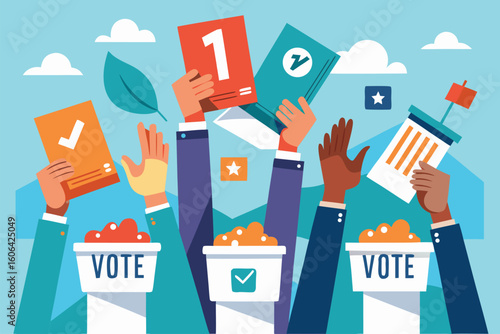 People engaging in the voting process by holding ballots in a colorful illustration celebrating democracy and civic participation in a modern setting