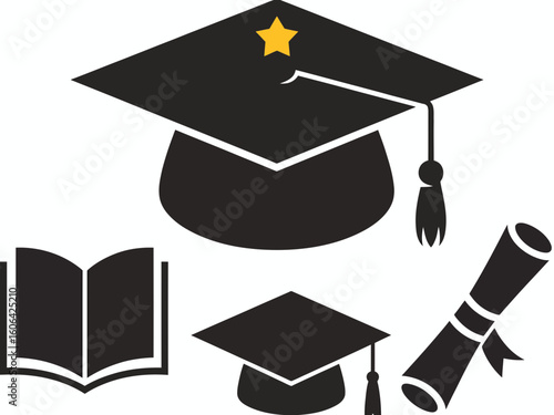 Collection of graduation caps books and diplomas silhouette isolated on white background