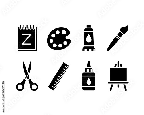 Collection of art and craft supplies icons silhouette isolated on white background