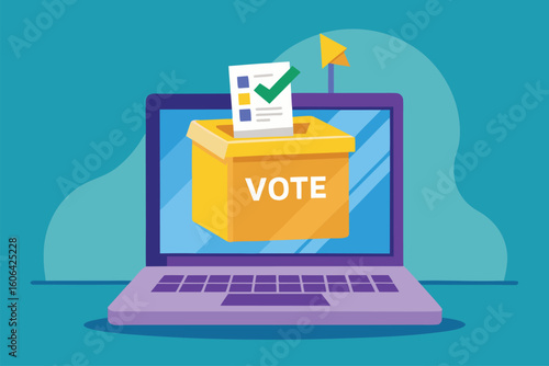 Digital voting process illustrates a ballot being cast into a box displayed on a laptop screen at a virtual election setting