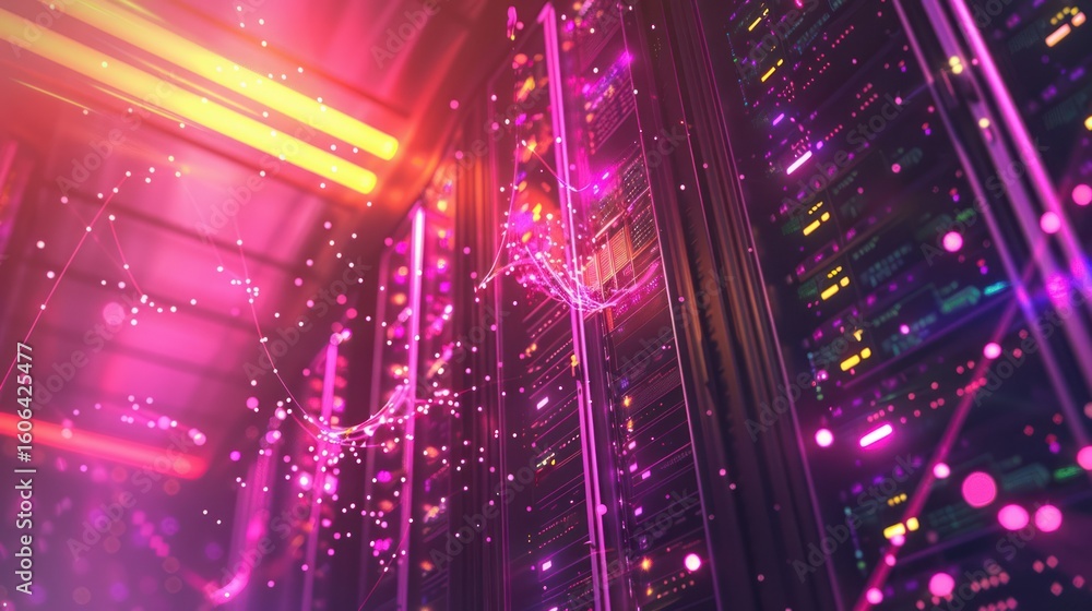 Fototapeta premium Futuristic server rack interior with glowing network