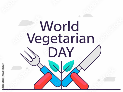 Celebrating World Vegetarian Day with Crossed Cutlery and Green Leaves Illustration Design