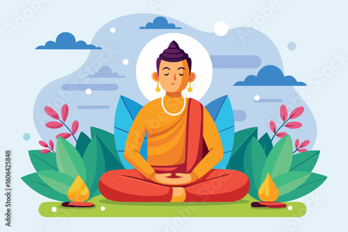 Vipassana meditation practice illustrated in a serene natural setting with colorful plants and calming ambiance