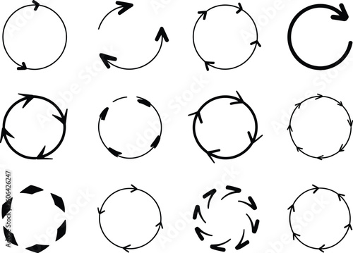 Set of Circular Arrow Symbols, Hand Drawn Arrows Collection on Transparent Background