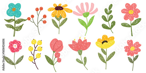 Wallpaper Mural Cute hand drawn spring flower doodle set. Colorful floral vector elements with crayon, chalk, sketchy style. Perfect for kids design, spring clipart, invitations, stickers, cards, and textile prints. Torontodigital.ca