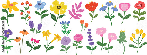 Cute hand drawn spring flower doodle set. Colorful floral vector elements with crayon, chalk, sketchy style. Perfect for kids design, spring clipart, invitations, stickers, cards, and textile prints.
