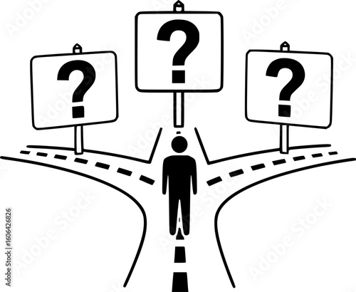 It is a metaphor for the inability to make decisions. The person is standing at a fork in the road, where each signpost is a question mark, symbolizing confusion and difficulty in choosing a path.