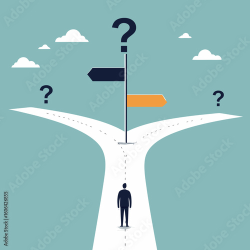 It is a metaphor for the inability to make decisions. The person is standing at a fork in the road, where each signpost is a question mark, symbolizing confusion and difficulty in choosing a path.