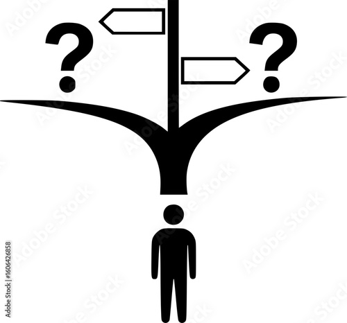 It is a metaphor for the inability to make decisions. The person is standing at a fork in the road, where each signpost is a question mark, symbolizing confusion and difficulty in choosing a path.