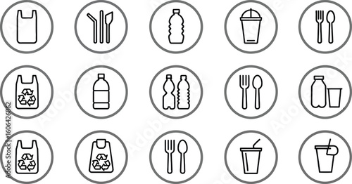 Set of Linear Icons of Plastic Waste. Reusable Bag, Bottles, Cup, Straws and Tableware