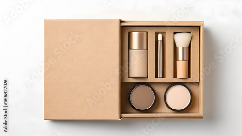 Top view of open kraft paper gift box with beige foundation, powder, brush, and applicator, isolated on white