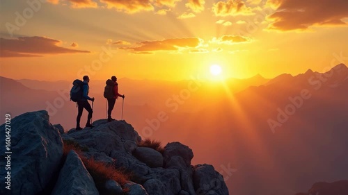 Amazing and inspiring romantic sunset over high mountains. Two people hike and camp, walk on crest edge of mountain peak, reaching goal or finish line. Motivational moment for achi.