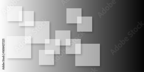 Overlapping Geometric Squares and Rectangles in Shades of Black white Evoking Order and Balance. black gradient background with transparent polygonal shapes and modern design elements. square design.
