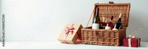 Elegant wicker hamper, fine wine, luxury gift boxes, white table , scene, gift boxes