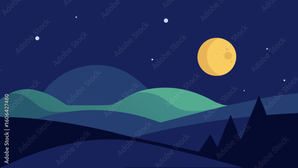 Obraz premium Night Scene with Glowing Moon and Hills