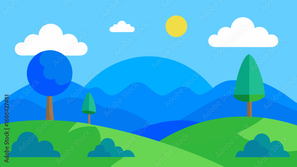 Obraz premium Cartoon Scene of Blue Hills and Trees