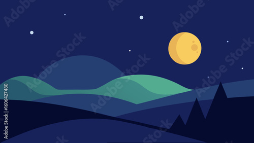 Night Scene with Glowing Moon and Hills