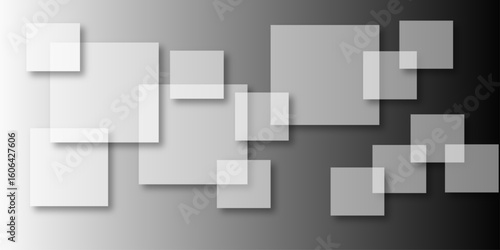 Overlapping Geometric Squares and Rectangles in Shades of Black white Evoking Order and Balance. black gradient background with transparent polygonal shapes and modern design elements. square design.