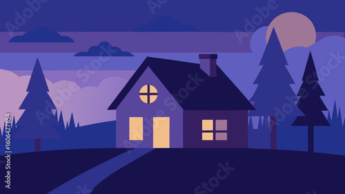 Village House Under Twilight Sky With Calm Trees