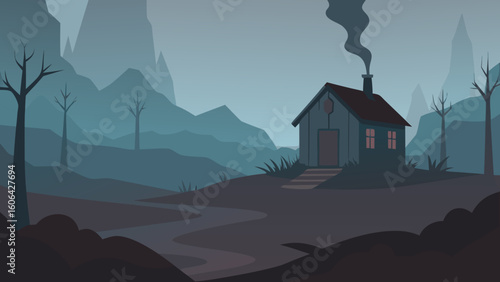 Abandoned Cabin in Eerie Fog