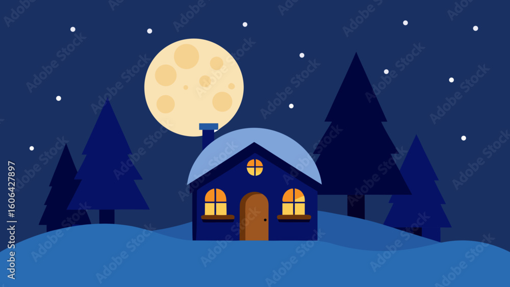 Fototapeta premium Full Moon Over a Cozy Christmas Cottage