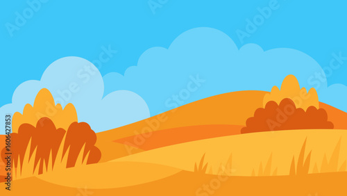 Flat Landscape with Orange Bushes and Golden Grass