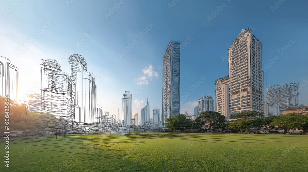 Fototapeta premium Urban development blueprint overlaid on a city landscape.