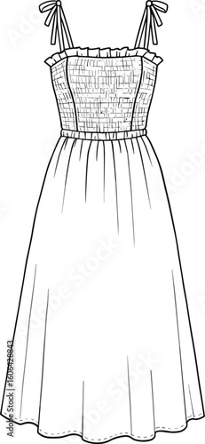 Elegant women’s sundress with smocked bodice and tie straps, casual summer midi dress design, stylish flat fashion sketch