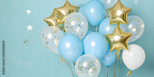 Pastel blue white balloons gold stars light blue background