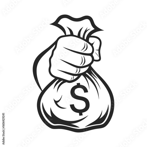 Black and white illustration of a hand holding a money bag with a dollar sign vector