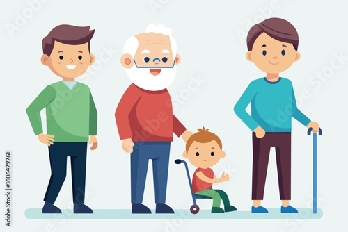 Growth journey of a baby into adolescence depicted through four generations of men showcasing family bonds and milestones in life