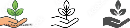 Three Icon Sets Featuring Hand Holding Plant, Illustration, Line Style, Glyph