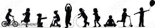 Silhouette of Active Children Playing with Toys, Scooters, Balloons, and Bikes, Outdoor Fun Kids Vector Illustration for Childhood Concept