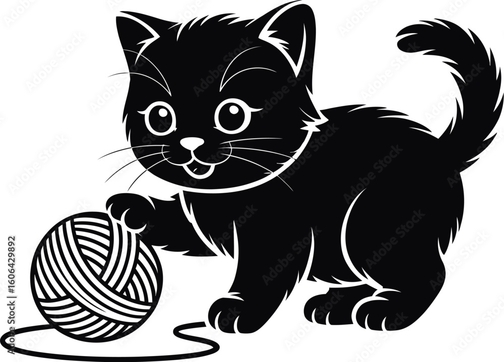 Obraz premium Black kitten playing with yarn ball vector