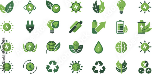 TwentyFour Green Energy Icons Leaves, Light Bulb, Battery, Earth, Recycle, Sun, and Drop