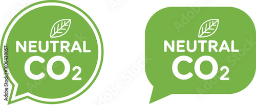 Two green CO2 neutral icons featuring a leaf symbol and speech bubble shape