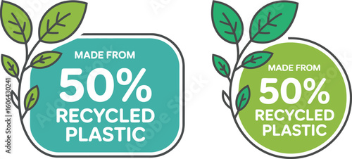 Two Recycle Badges, Fifty Percent Recycled Plastic, Green Leaves, Rounded Shape Icon