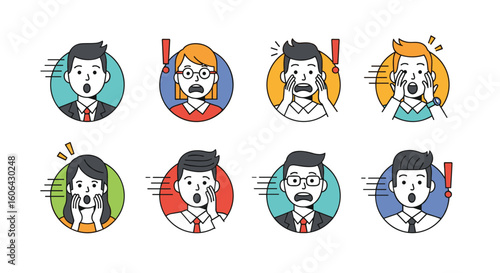 Collection of surprised shocked astonished facial expressions of men and women characters representing emotional reactions