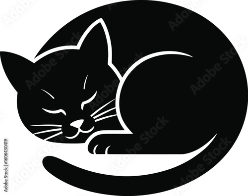 Sleeping black cat curled in circle animal