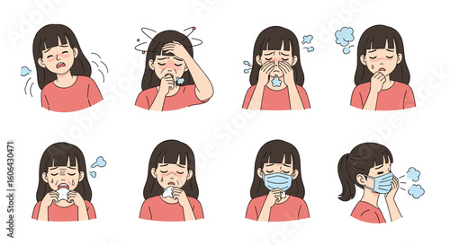 Collection of pixel art illustrations depicting a young woman experiencing allergy symptoms and sneezing repeatedly