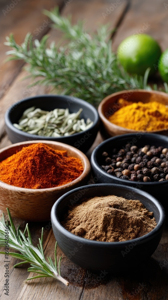 Fototapeta premium This arrangement showcases aromatic spices and herbs featuring cayenne pepper powder, black chilies, and fresh lime leaves among others