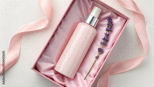 Minimal skincare bottle with lavender and gift packaging