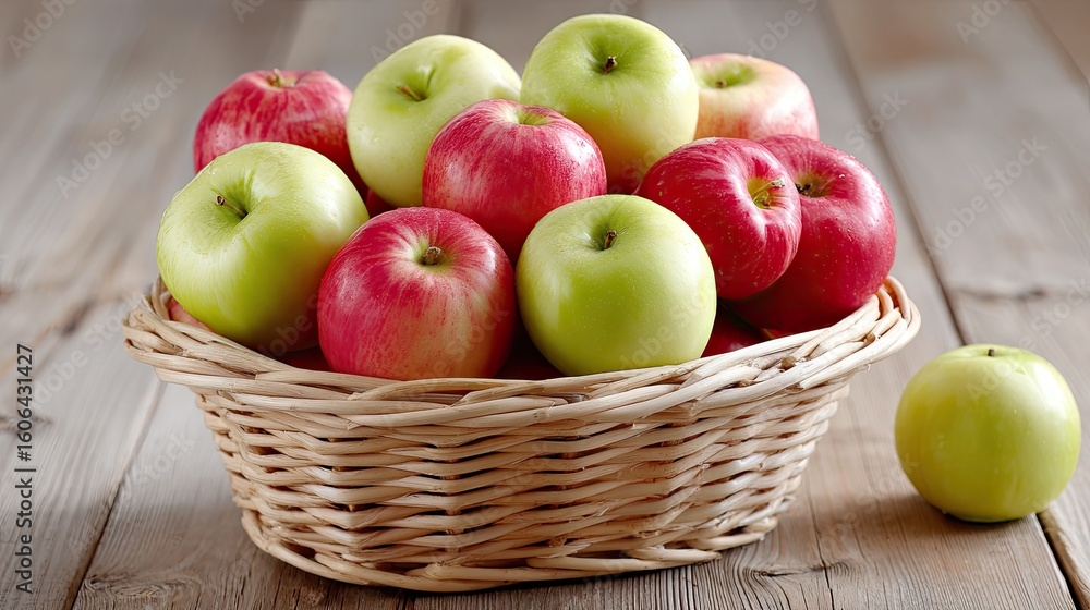 Freshly Harvested Green and Red Apples in a Rustic Woven Basket on Wooden Table Freshly Harvested Green and Red Apples in a Rustic Woven Basket on Wooden Table