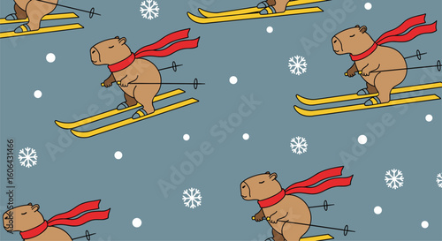 Adorable capybara enjoying a snowy day while skiing down a mountain slope with a red scarf waving merrily