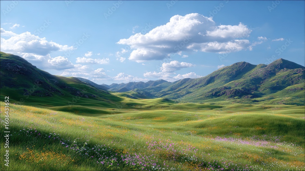Serene Rolling Hills with Wildflowers and Scenic Sky in a Lush Landscape Serene Rolling Hills with Wildflowers and Scenic Sky in a Lush Landscape