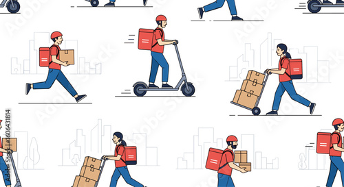 Illustrations of delivery personnel engaged in various logistics tasks providing speedy package transportation services across urban environments