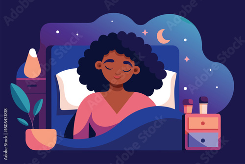 Cozy vector illustration of a person peacefully sleeping in bed with calming surroundings and a starry night sky